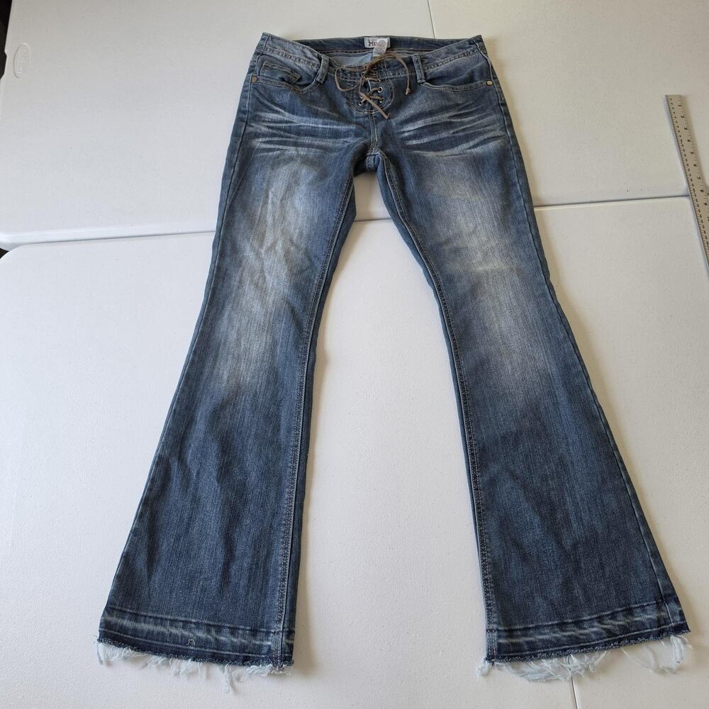 Y2K Mudd Jeans Juniors 11 Medium Wash Blue Low Rise Flare Lace Up Stretch Denim